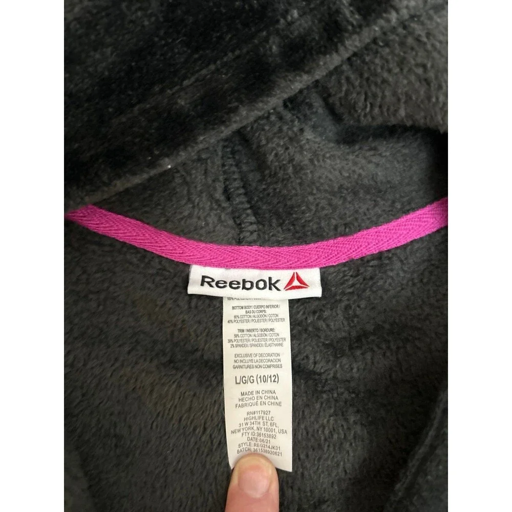 Reebok Full Zip Hoodie Black Faux Fur Panel Sweatshirt size kids L (10-12)